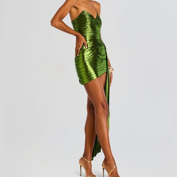 Retrofete Daniele Dress in Lime XS Metallic Green Foil Cocktail Dress W Train - Picture 3 of 14